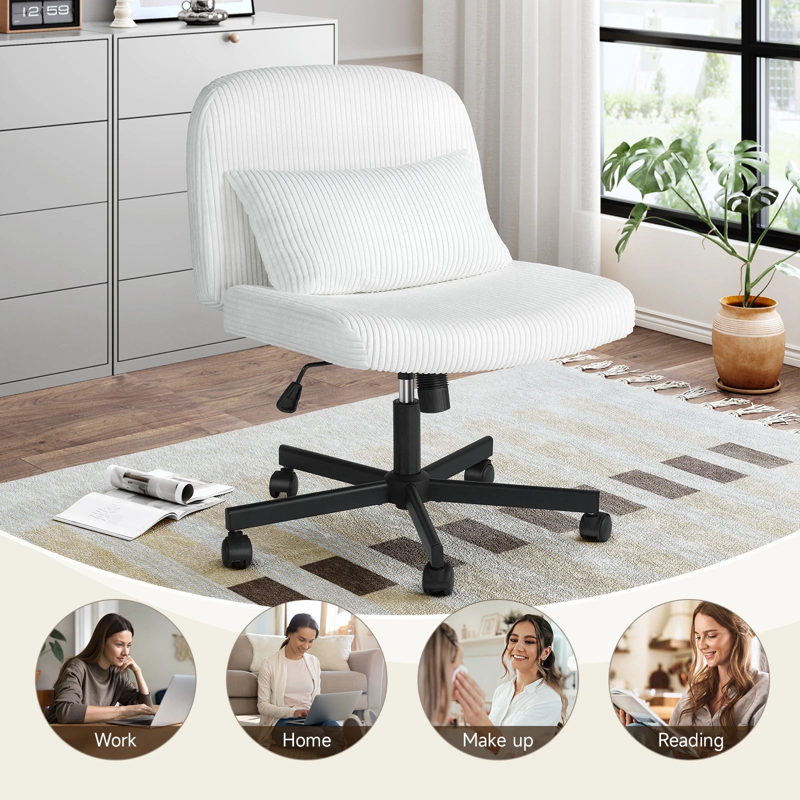 Massage Cross Leg Office Chair w/ Double Layer Sponge Cushion,Corduroy/Pearl Velvet Wide Armrest Desk Chair Mid Back