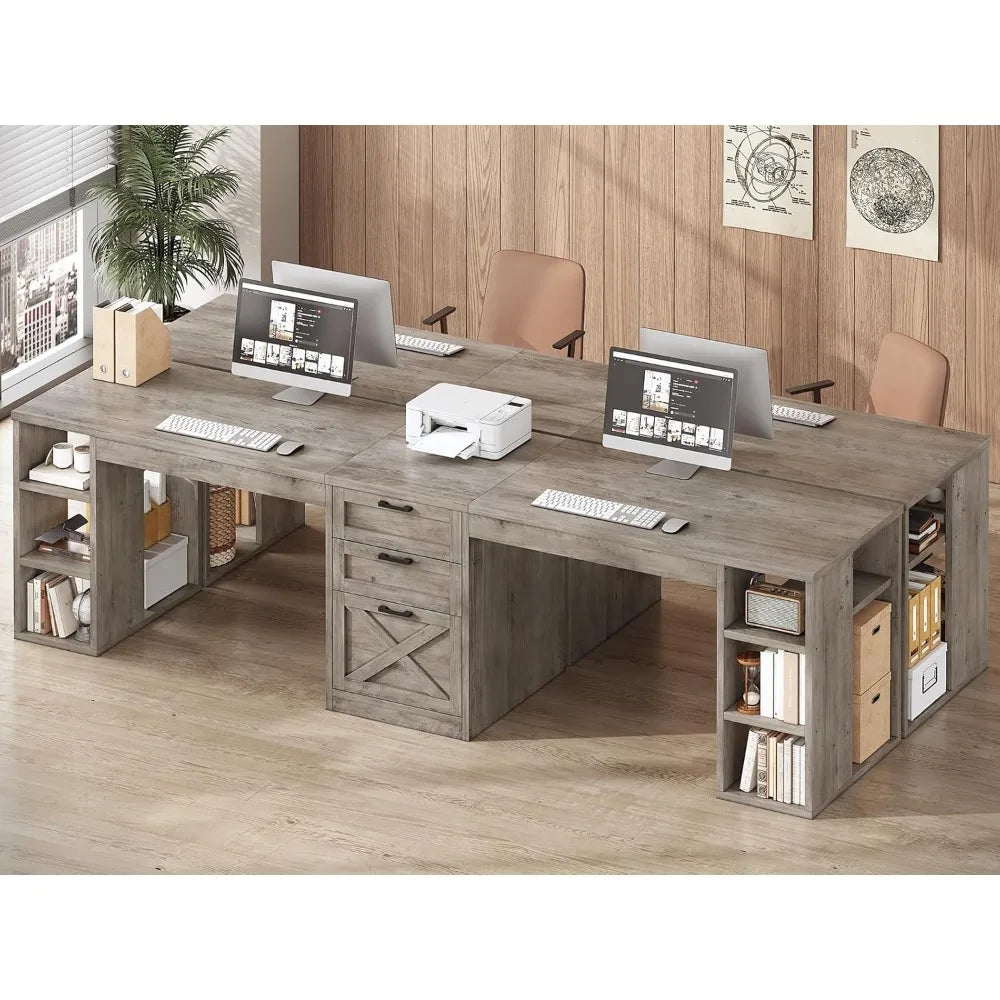 Farmhouse 96.5’’ Computer Desk with Drawers 2 Person Home Office Desk Gaming Double Desk with Storage Shelves Long Two