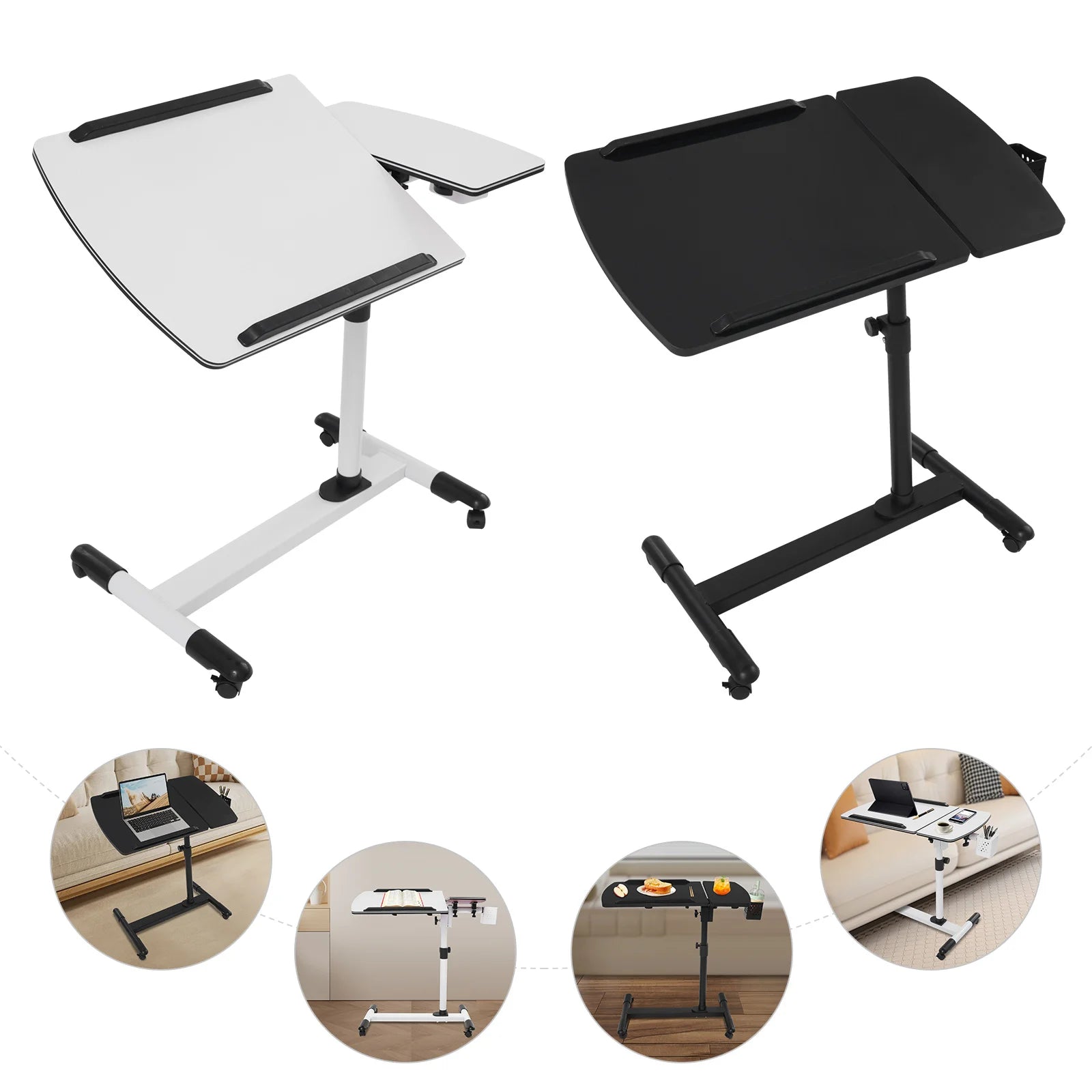 MDF Overbed Table,White/Black Rectangular Height Adjustable Over Bed Bedside Desk Floorstanding 68*40cm for Placing