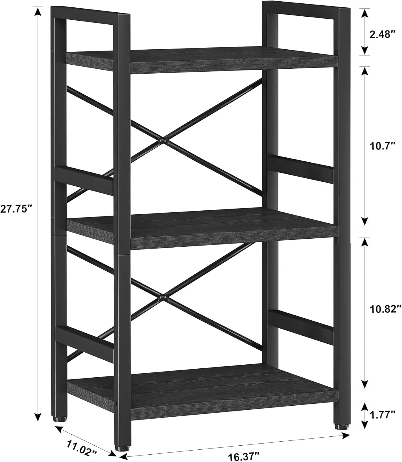 Bookshelf 3 Tier Industrial Bookcase Metal Small Bookcase Suitable for living room and bedroom. - Black 3 Tier / United