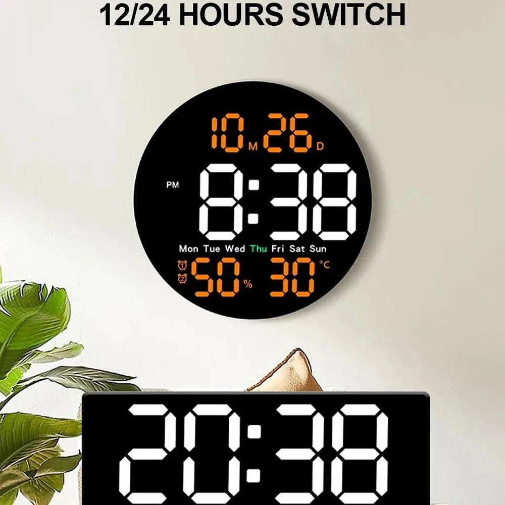 Remote Control LED Wall Clock with Dual Alarms,Calendar and Temperature Display for Home Decoration.Brightness