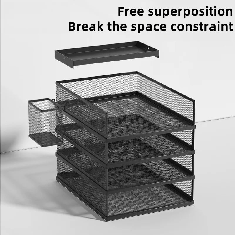 Metal File Stack Stackable Desk Organizer Office Desktop Organizer Multilayer File Tray with a Hanging Pen Holder Desk