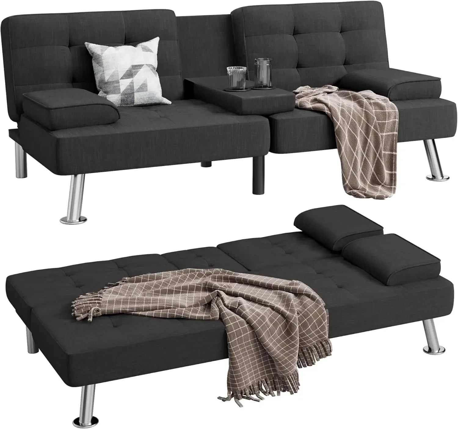 Modern Linen Upholstered Convertible Folding Futon Sofa Bed with Removable Armrests Metal Legs 2 Cup Holders for Living