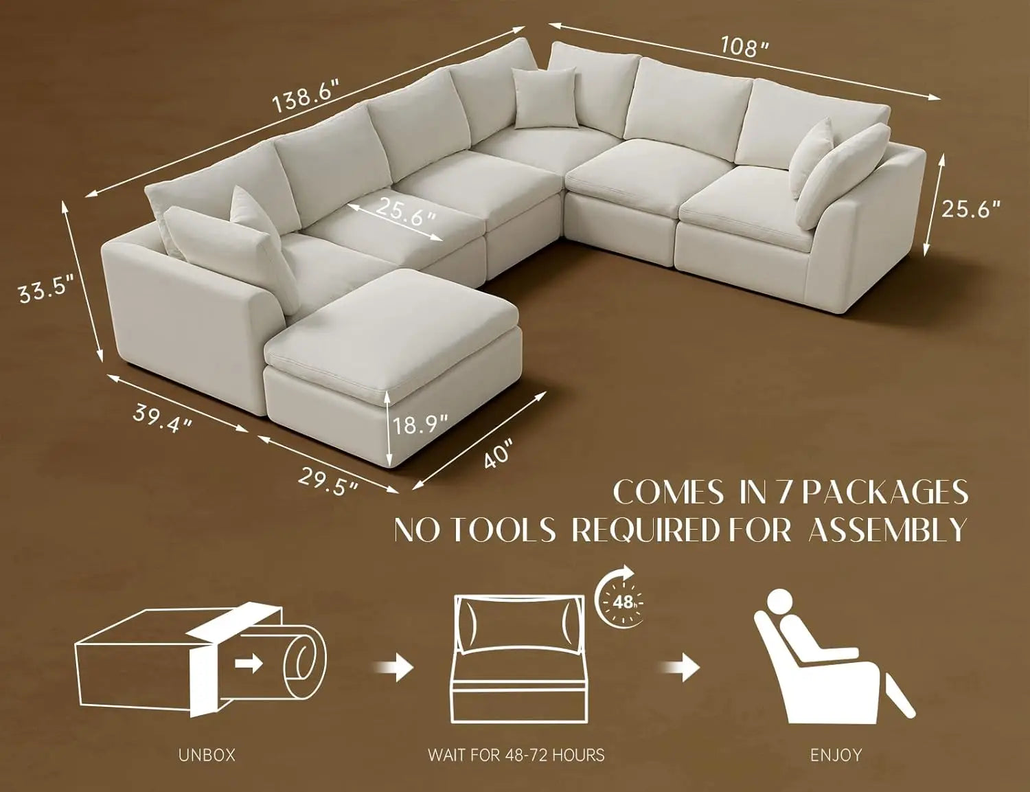 Oversized Cloud Couches for Living Room Convertible Sectional Couch with Ottoman 7 Seater Large Modular Sectional Sofa