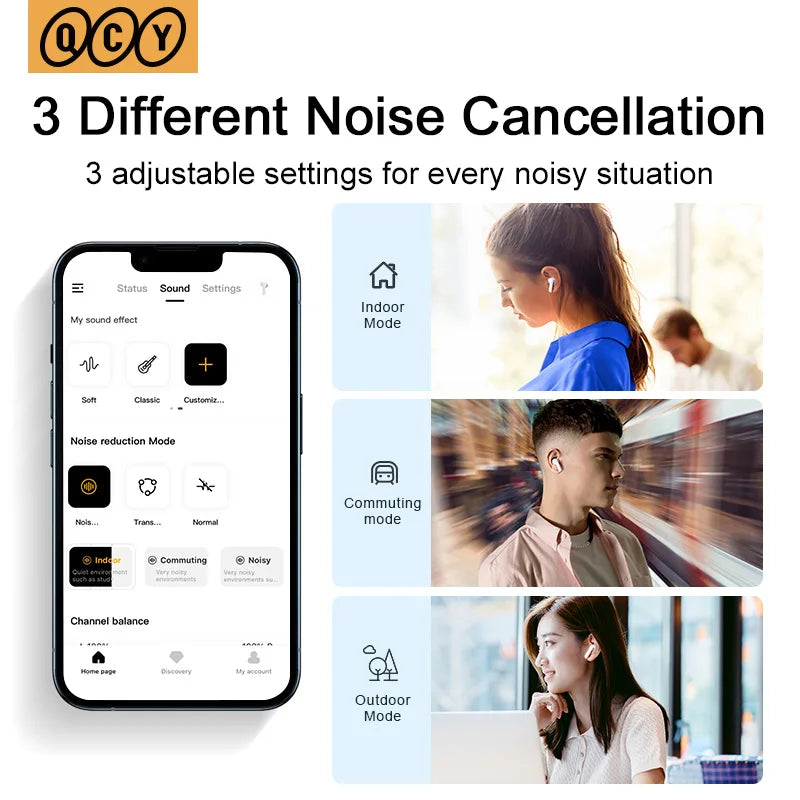 QCY HT05 ANC Wireless Earphone 40dB Noise Cancelling Bluetooth 5.2 Headphone 6 Mic ENC HD Call TWS Earbuds Transparency