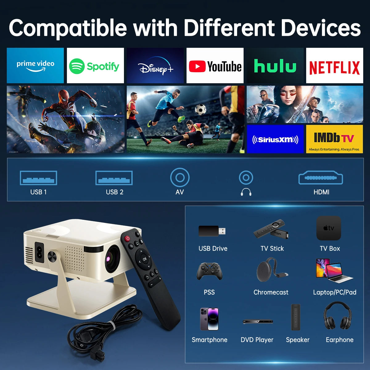 4K Projector 280 ANSI HD 1080P with Keystone Correction WiFi6 BT5.2 Android 11 Portable Mini Projector for Home Cinema