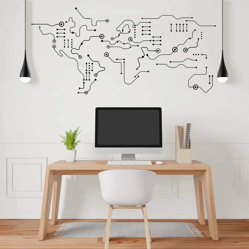 Circuit Board World Map Office Wall Sticker Technology Computer IT Software Geek Earth Wall Decal Classroom Vinyl Home
