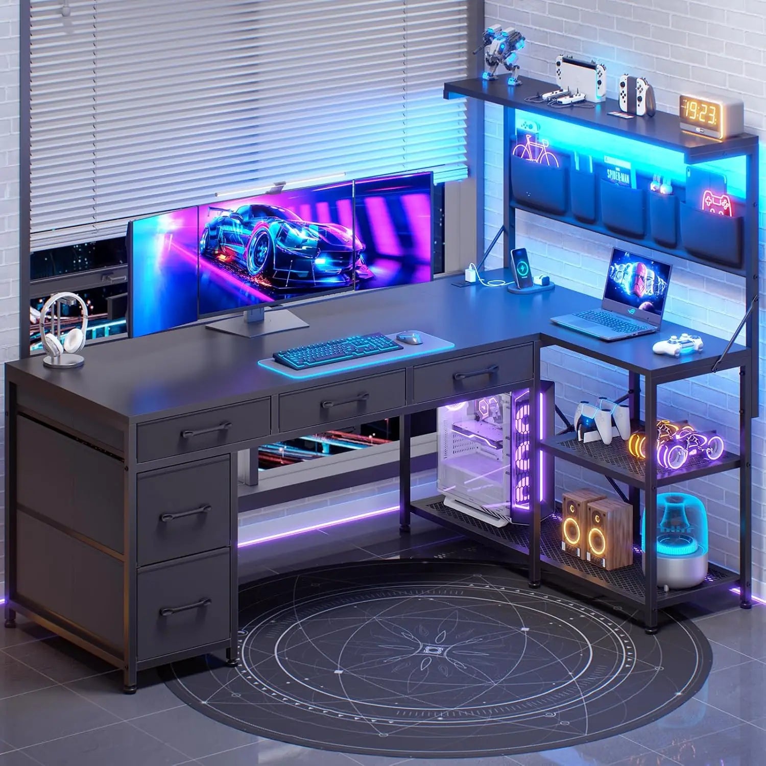 Corner Computer Desk Reversible L Shaped Computer Desk with Fabric Drawers and Power Outlet 47.2” Gaming Desk with LED
