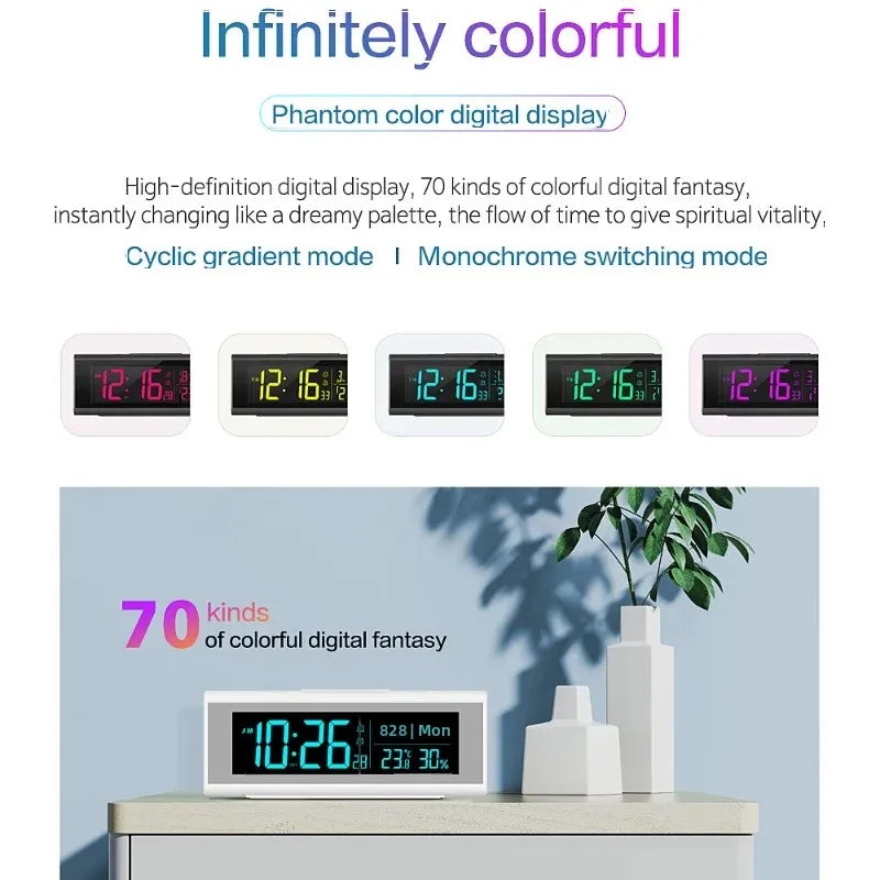 70 Colors Digital Alarm Clock TEMP Humidity Date with 9 Colors RGB Mood Light 2 Alarm Snooze Table Clock 12/24H DST LED