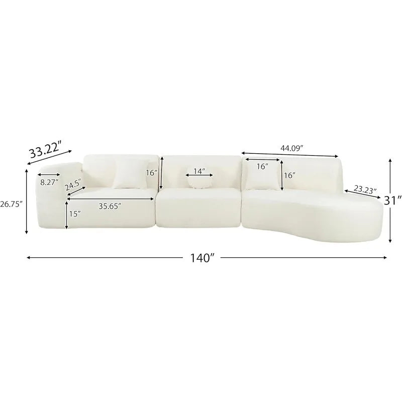 140’’ Curved Polyester Sectional Sofa 7-Seat Modern Cloud Couch with Chaise & Pillows for Living Room - Beige / United