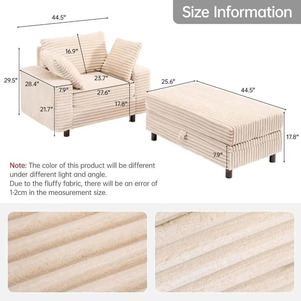 54’’ Oversized Chaise Lounge Chair Indoor Comfy Sofa Bed with Storage and Ottoman Upholstered Reading Chairs Cloud