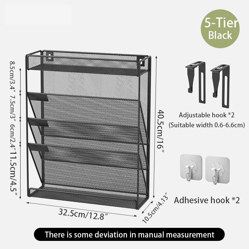 Wall-mounted file organizer Office mesh wall file holder Magazine paper holder with category name tag - 5-tier-black