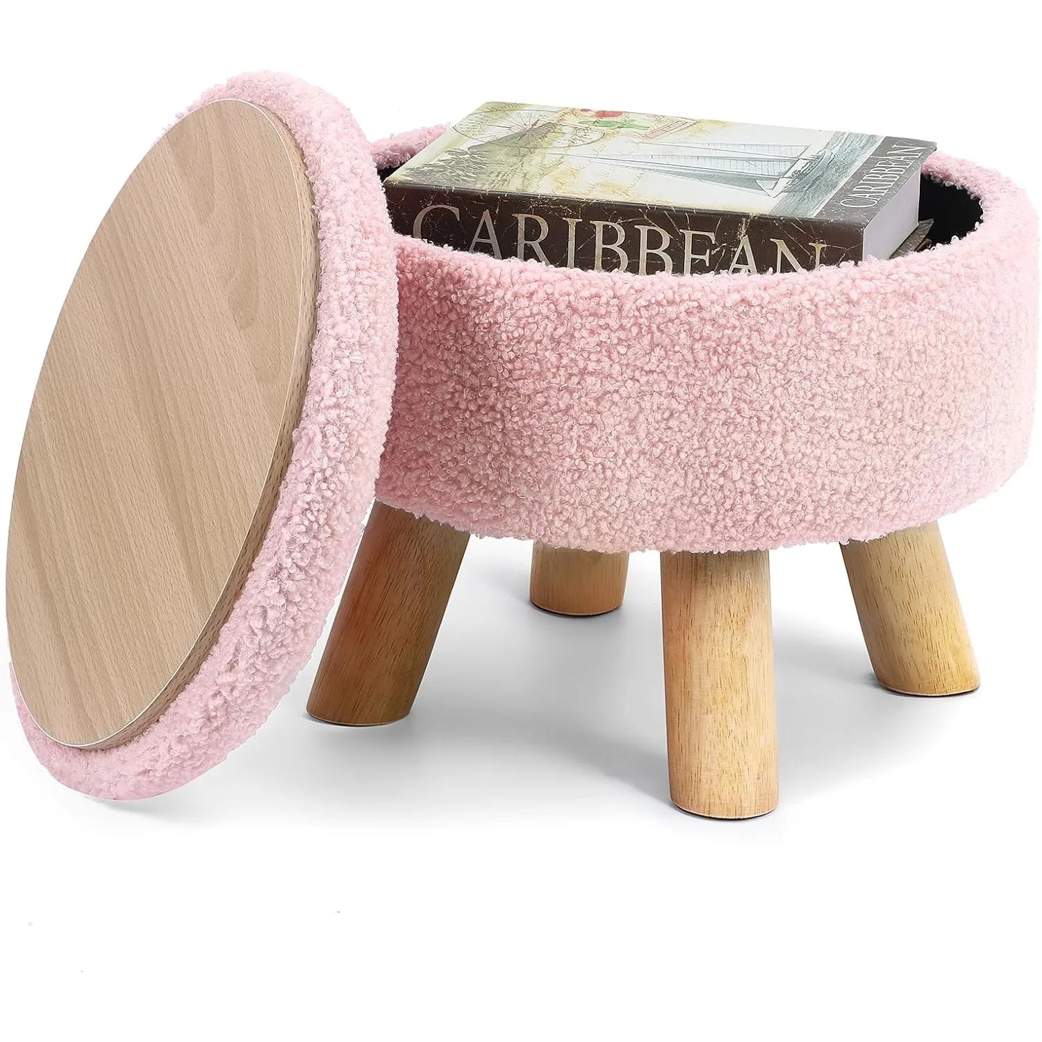 Nordic Boucle Ottoman Footstool with Storage | Round Velvet Pouf with Wooden Legs for Living Room Sofa Camel - United