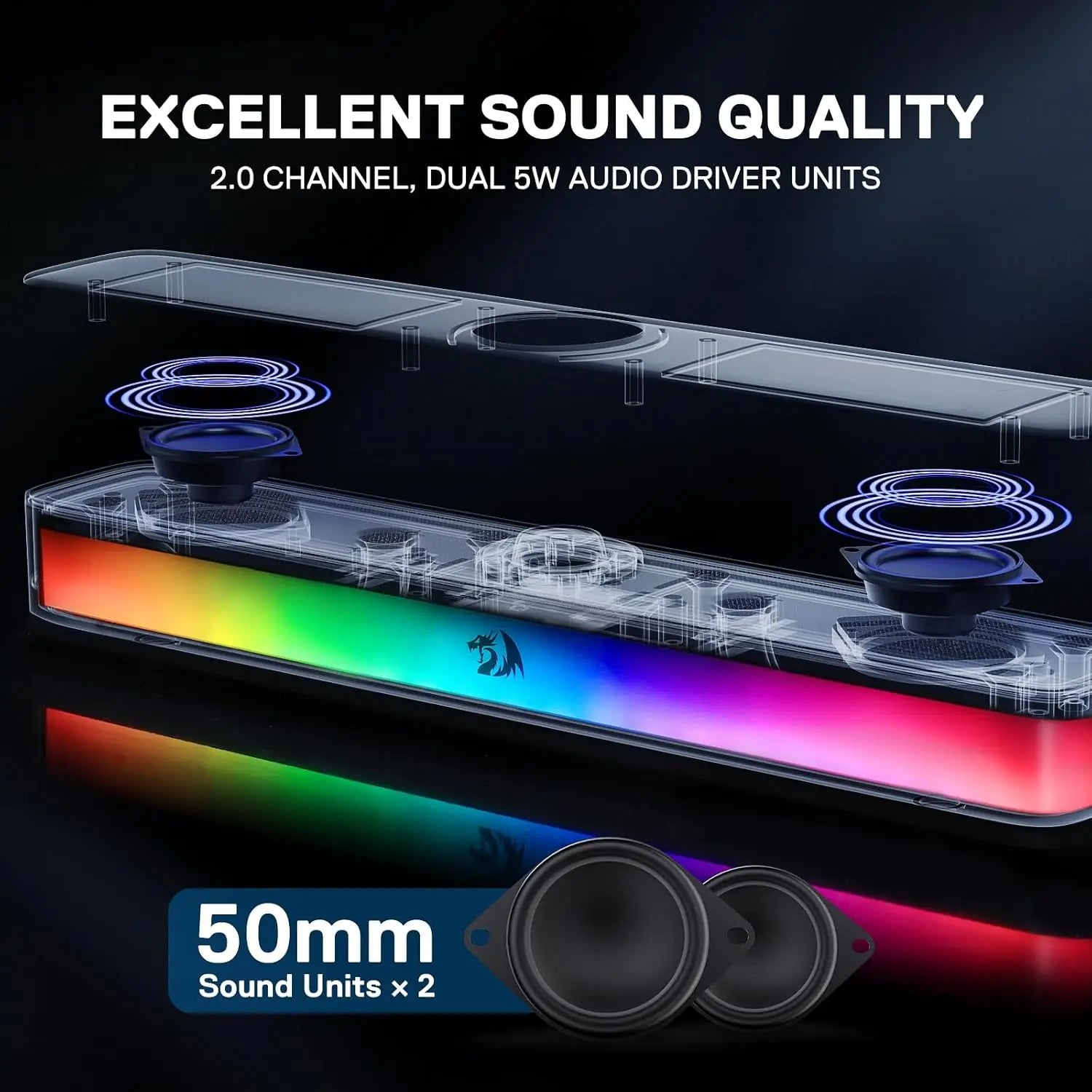 Redragon GS515 RGB Desktop Soundbar 2.0 Channel Stereo Computer Speakers for Desktop Bluetooth 5.3 USB-C/USB Powered