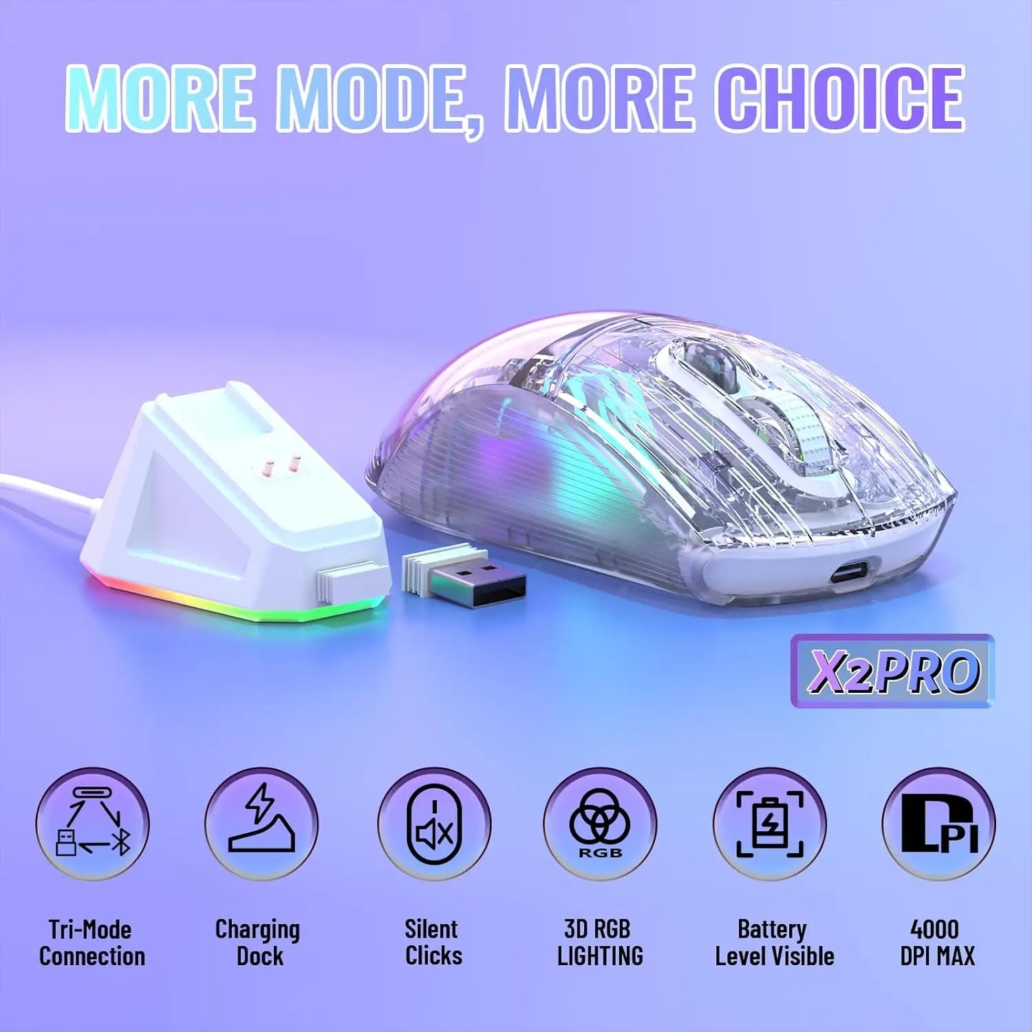 ATTACK SHARK X2Pro Wireless Gaming Mouse with RGB Charging Dock,Tri-Mode Mute Mouse RGB Backlit,Transparent