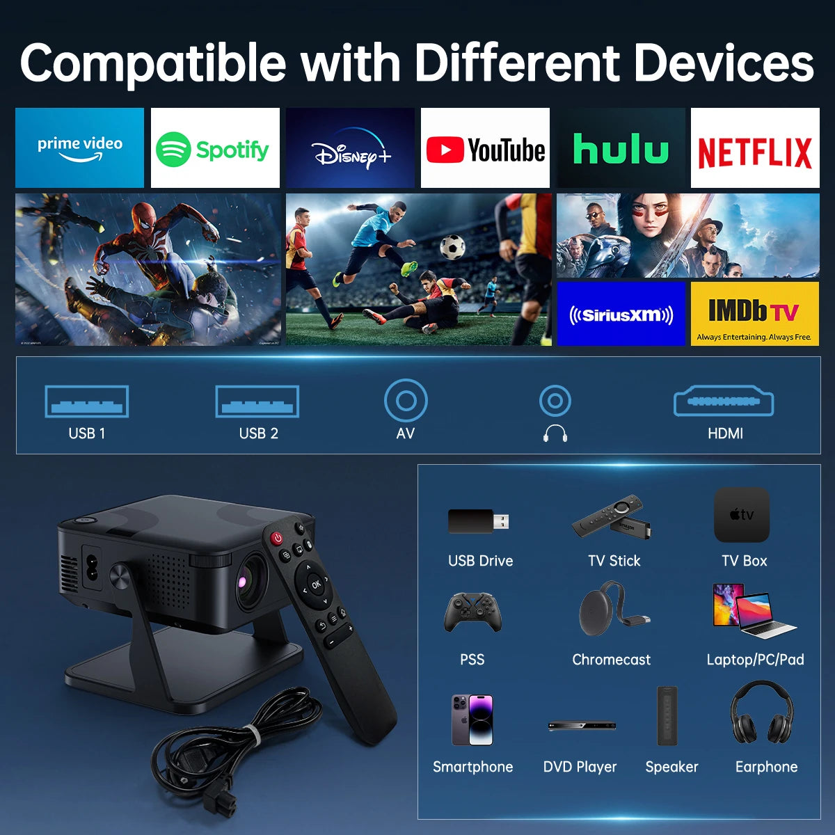 4K Projector 280 ANSI HD 1080P with Keystone Correction WiFi6 BT5.2 Android 11 Portable Mini Projector for Home Cinema