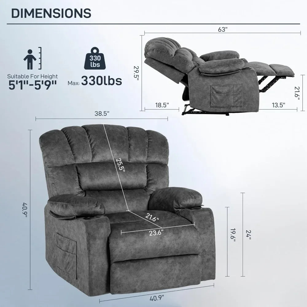 The New-Recliner Chair Modern Ergonomic Lounge Single Sofa Seat Living Room Gravity Recliners Foam Filling 2 Cup - set