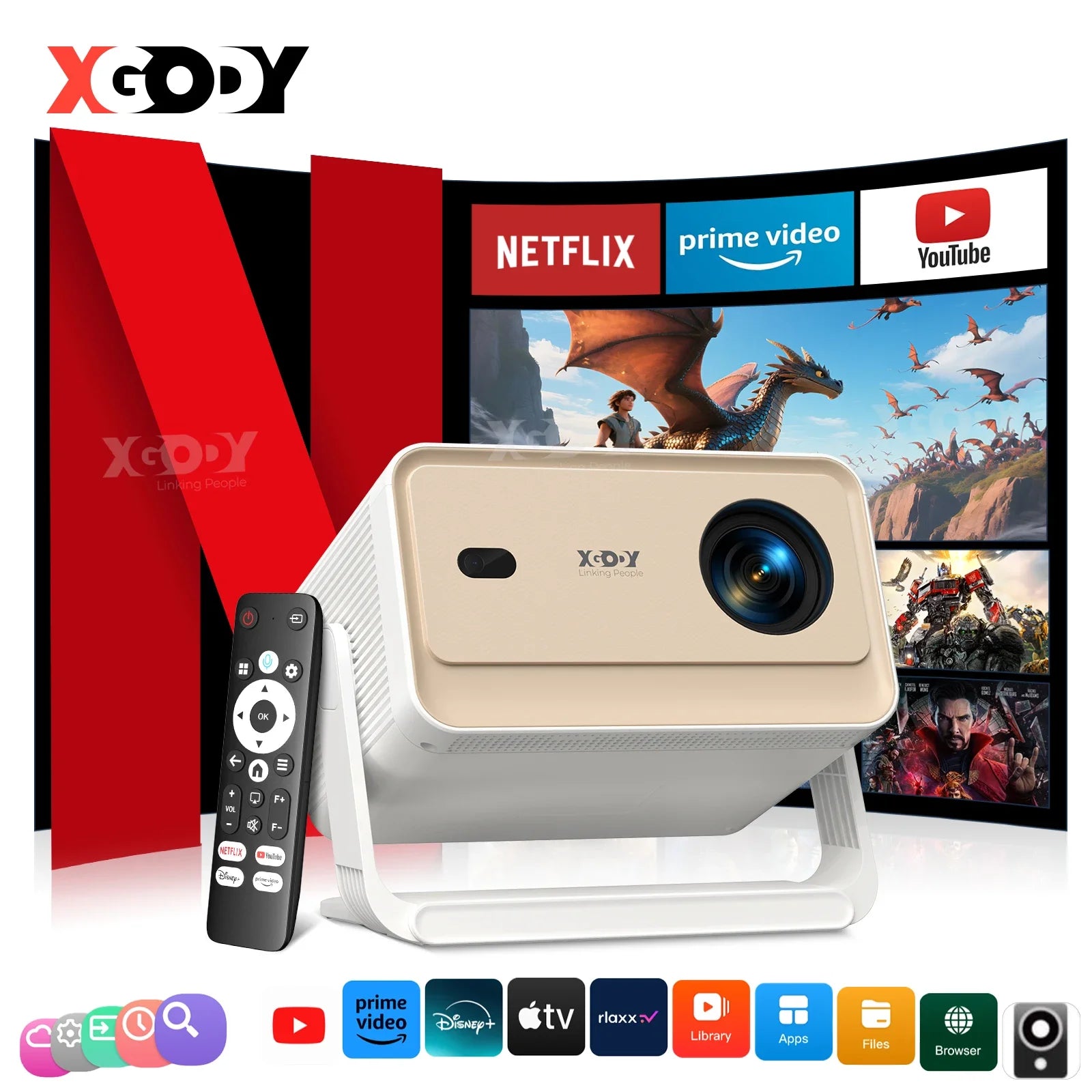 XGODY N6 Pro 4K Projector Netflix Official Android Full hd Native 1080P Projector Whale OS TV Dual Wifi 700 ANSI BT5.0