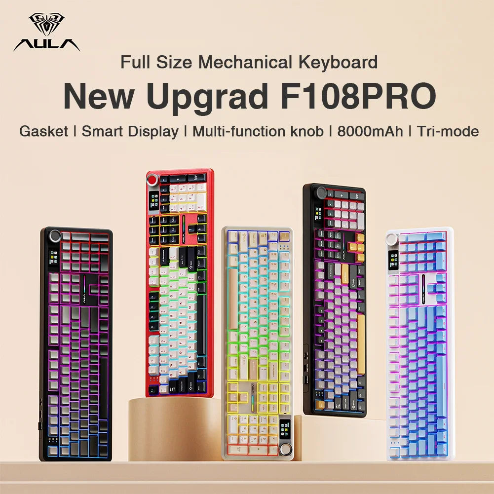 AULA F108pro Wireless Bluetooth Keyboard Macro Gaming keyboard Gasket Hot-swap Full Size Keyboard with TFT Smart