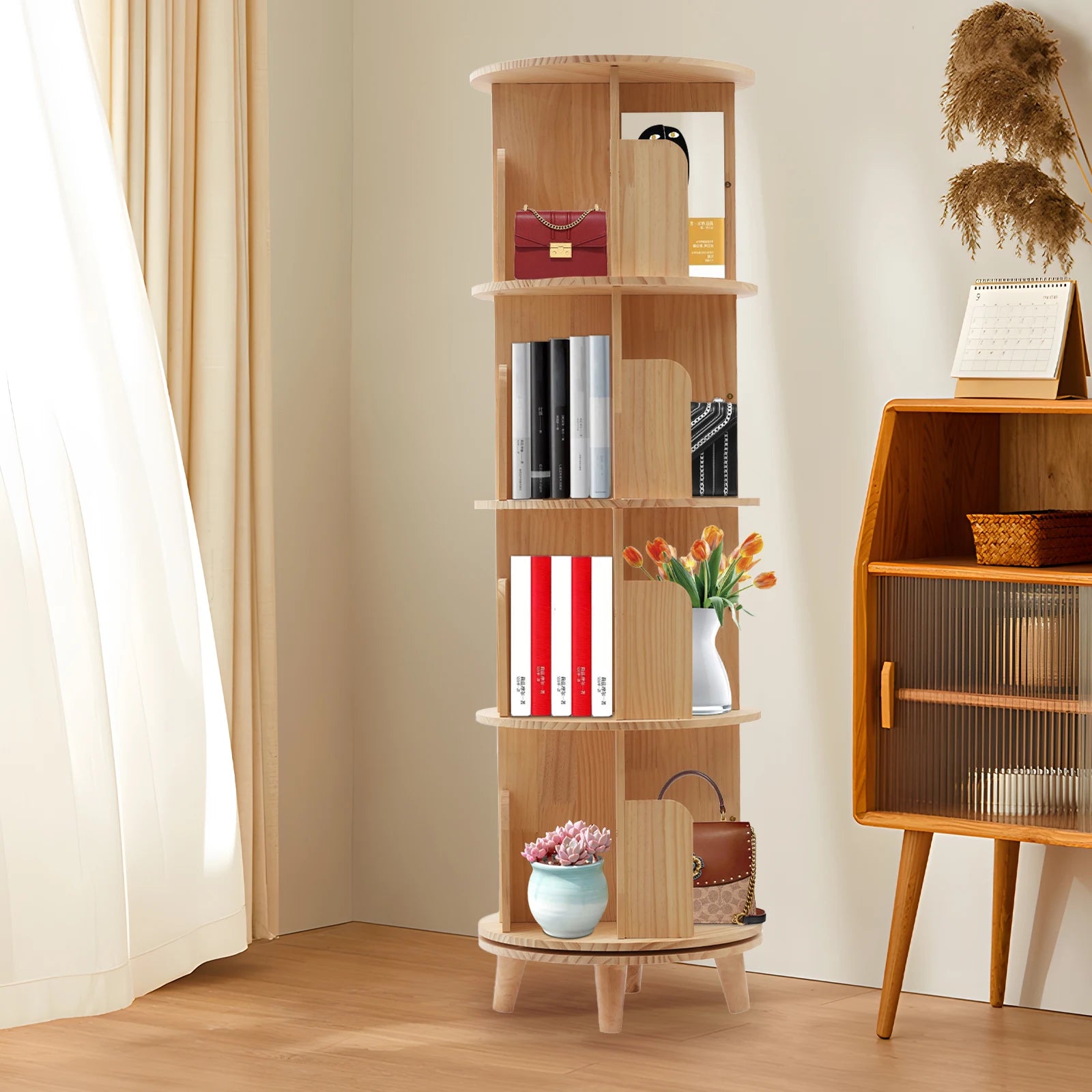 4-Tier Rotating Bookshelf Organizer Modern 360°Rotating Storage Rack Display Holder Stand Floor Standing Bookcase