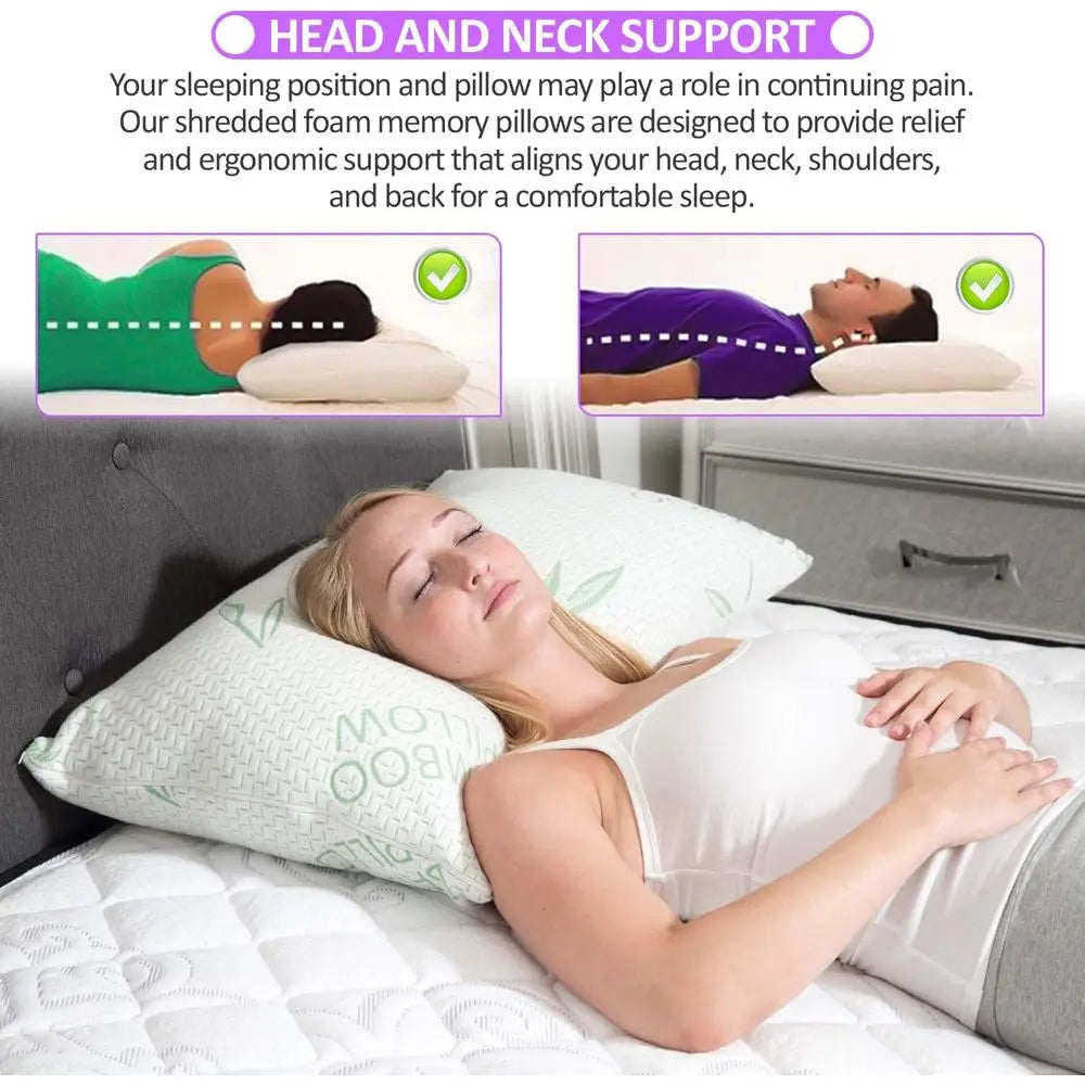 King Size Cooling Memory Foam Pillows Set of 2 – Shredded Foam with Removable Bamboo Rayon Cover for Comfortable Sleep