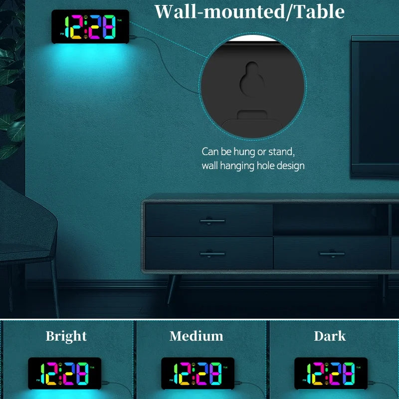 RGB Digital Alarm Clock with RGB Mood Light 2 Alarm Night Mode Unlimited Snooze Table Clock 12/24H Output USB Charging