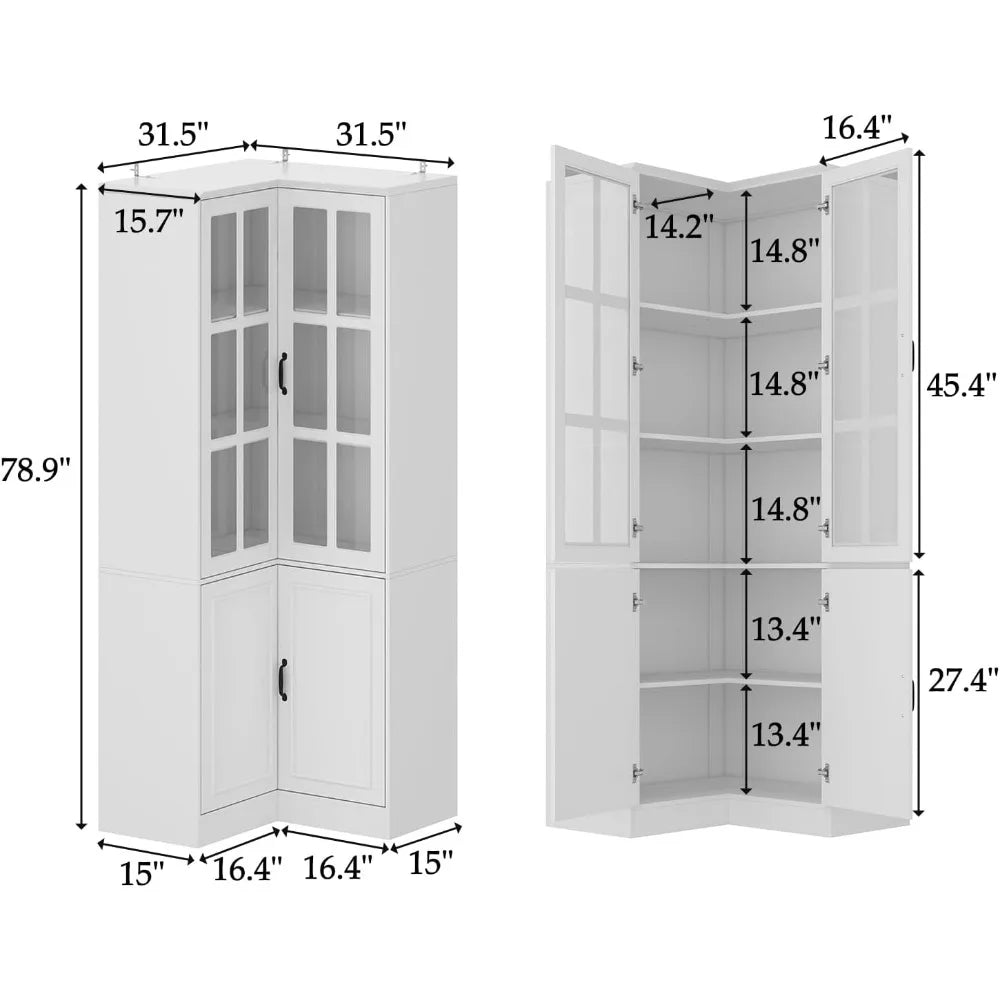 Corner Glass Door Bookshelf L-Shaped 5-Tier Bookcase Tall 78.9 Kitchen Corner Storage Cabinet Grilled Glass Design