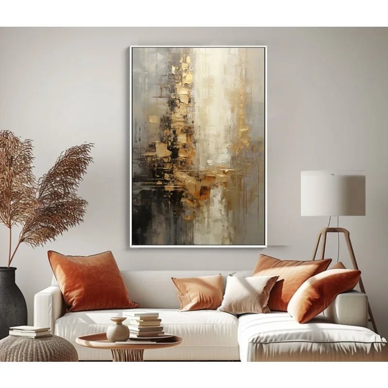 100% Hand Painted，Gold Grey Beige Black,Textured Painting Acrylic Abstract Oil Painting Wall Decor Living Room Office