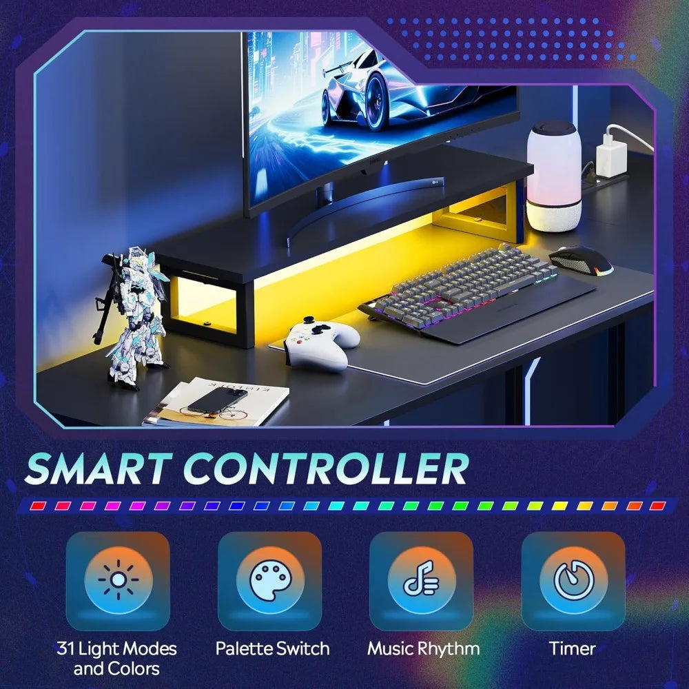 60 inch L-shaped gaming table with drawers and storage space L-shaped gaming table with LED lights computer desk