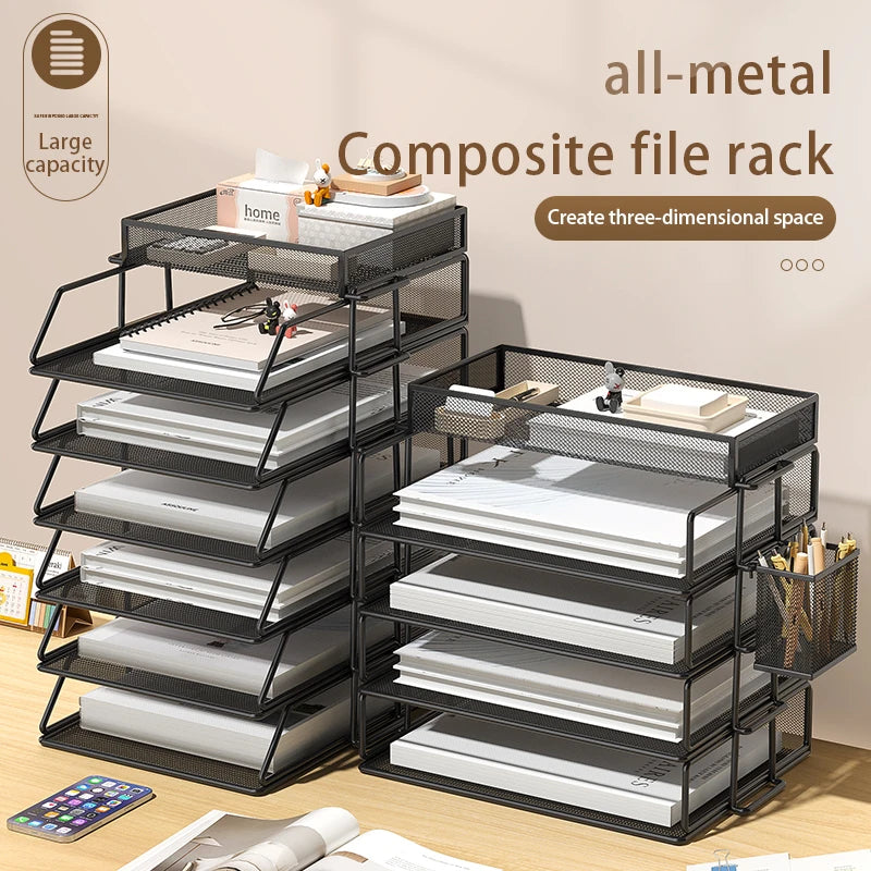 Metal desktop file rack bookcase office file storage box multi-layer iron file frame data storage folder shelving