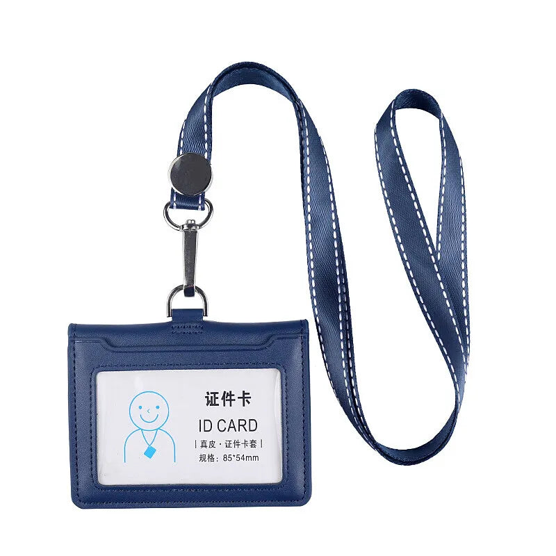 Cowhide ID Card Holder Business Document Case Leather Factory Staff Office Workers Badge Tag Cases with Lanyard