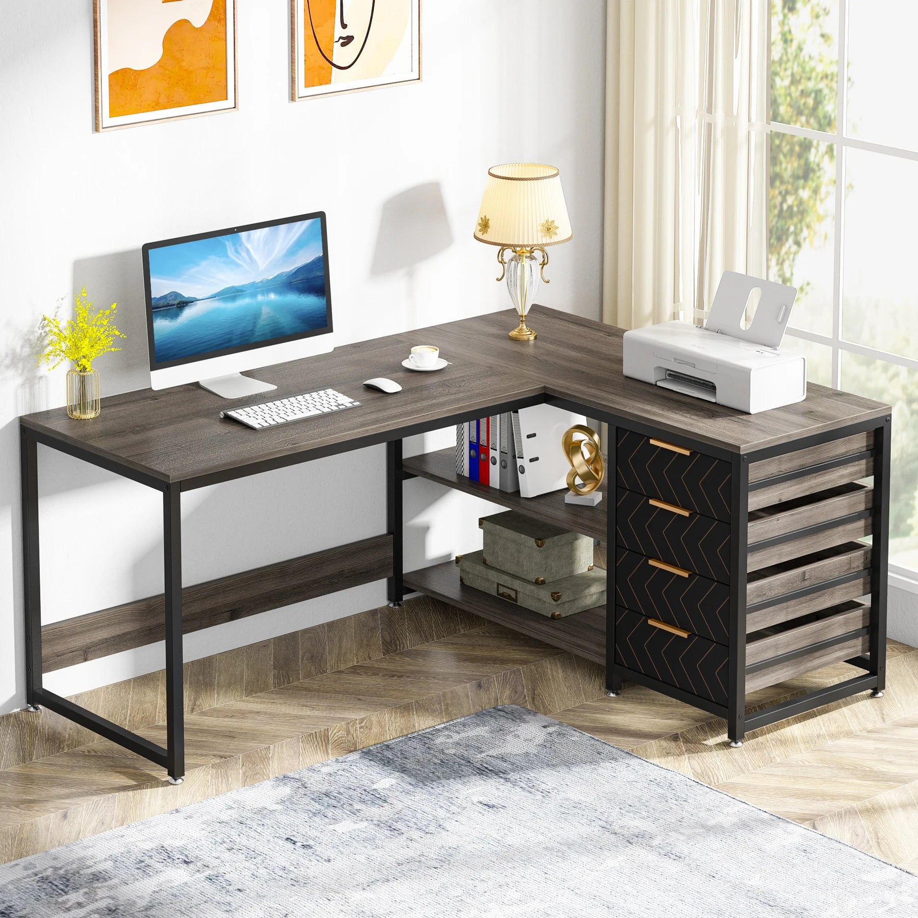 Tribesigns L Shaped Computer Desk with Storage Drawers 59 inch Corner Desk with Shelves Reversible L-Shaped Office Desk
