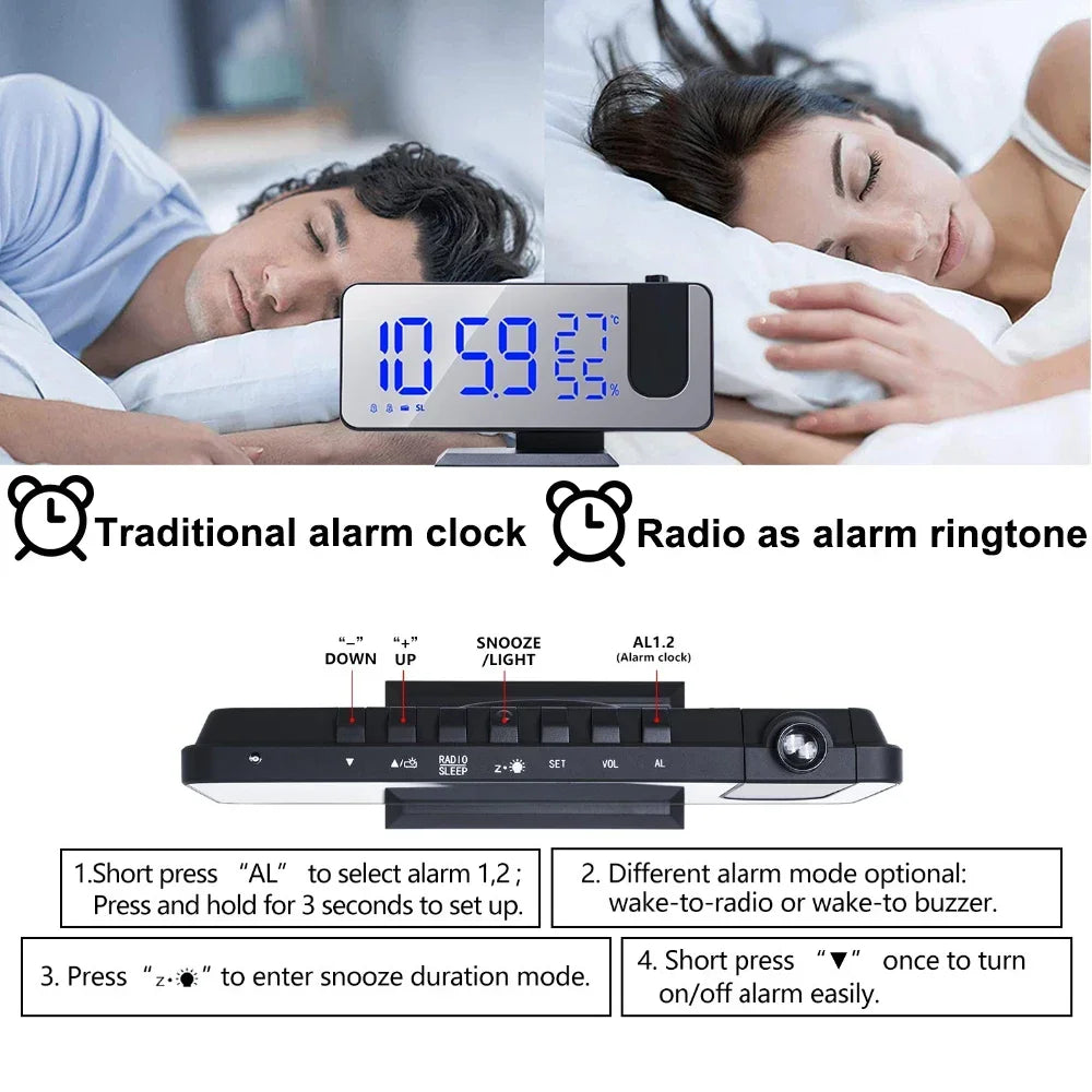 LED Digital Projection Alarm Clocks USB Electronic Ceiling Projector Alarm Clock with FM Radio for Bedroom Bedside
