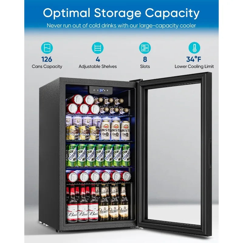 3.2 Cu.Ft Mini Fridge with Glass Door - 126 Can Beverage Refrigerator Cooler for Drink Beer Wine Soda,4 Adjustable