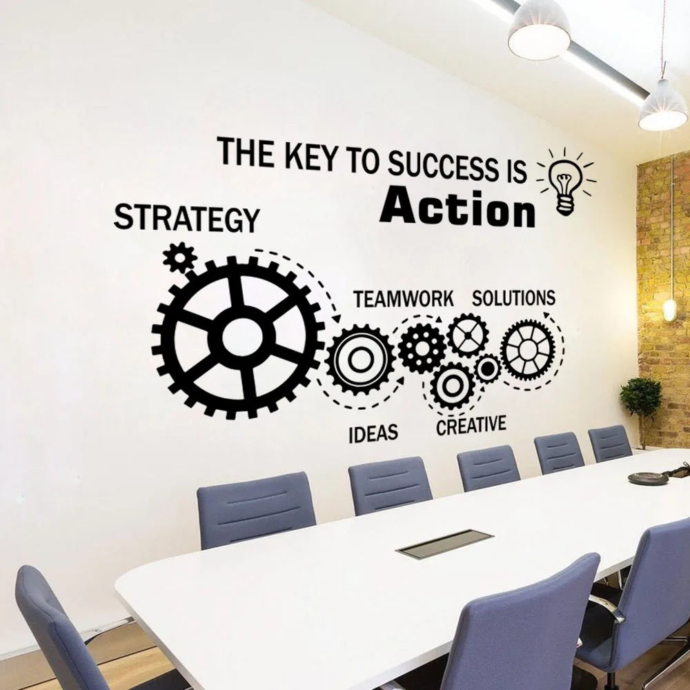 Teamwork Gears Office Inspire Quote Wall Sticker The Key To Success Is Action Ideas Motivational Quote Wall Decal Vinyl