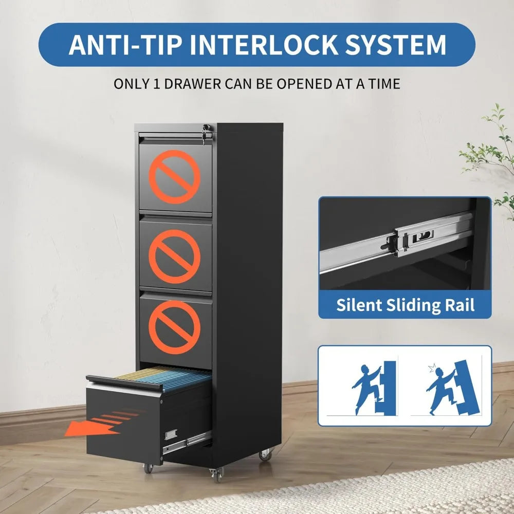 4 Drawer Mobile File Cabinet Metal Filing Cabinet with Lock and Wheels Home Office Rolling File Cabinets