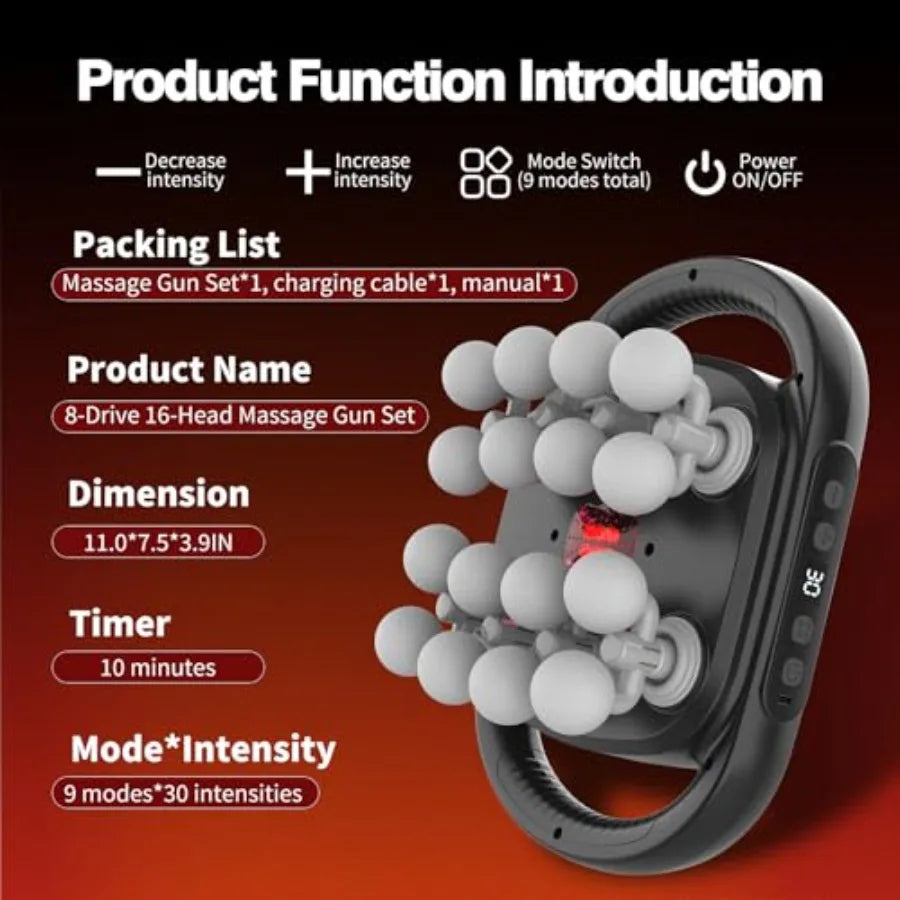 New 16 Head Massage Gun Set for Back Leg and Foot Muscle Relaxation Portable Deep Tissue Massage Gun with 30Speed