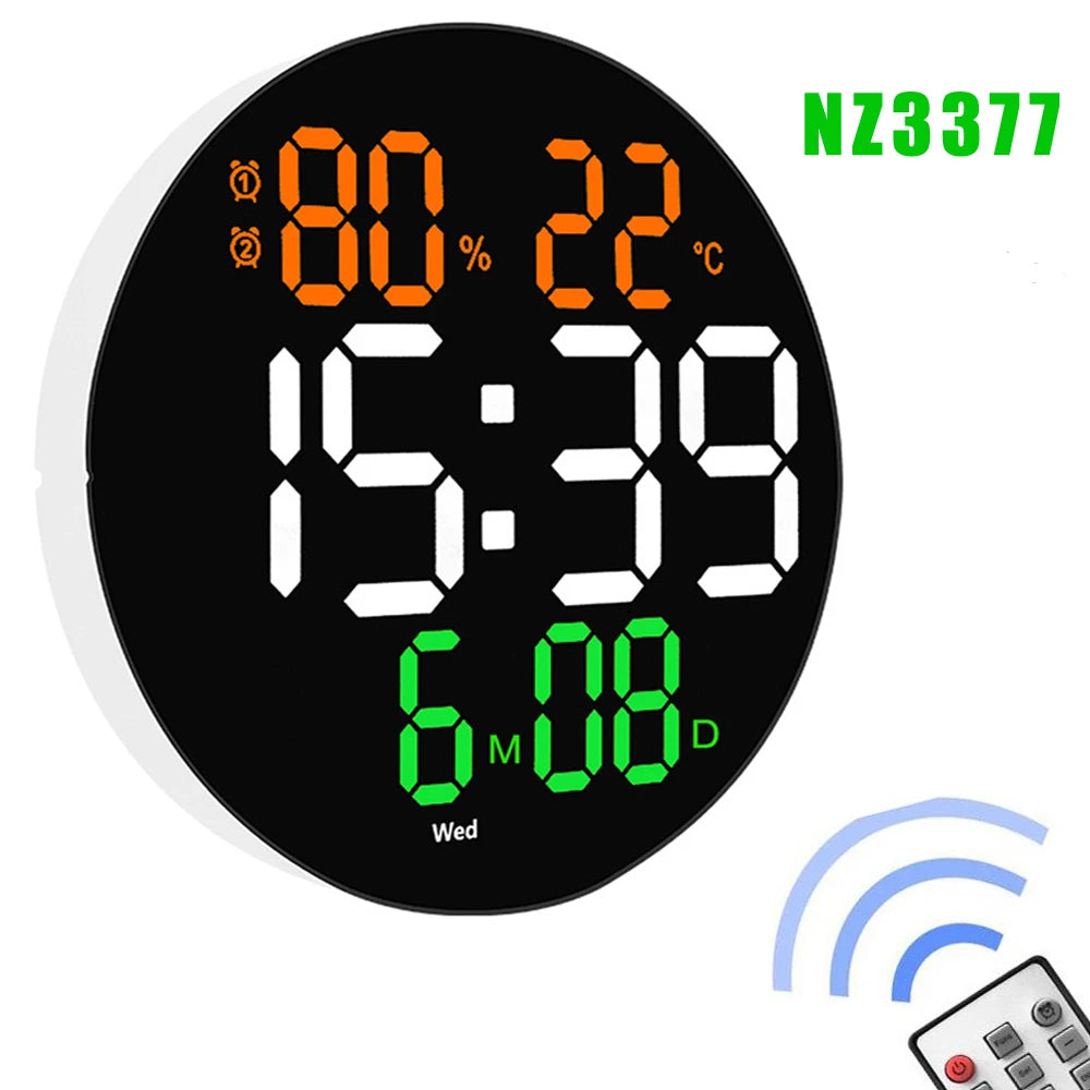 Remote Control LED Wall Clock with Dual Alarms,Calendar and Temperature Display for Home Decoration.Brightness