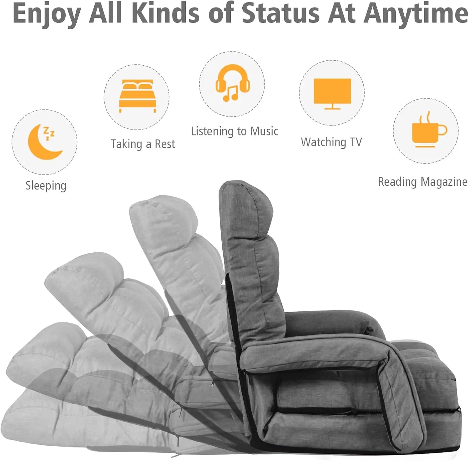 Folding Lazy Sofa Floor Chair Indoor Chaise Lounger Bed with 6 Adjustable Position Pillow Living Room Lounge Couch(Gray)