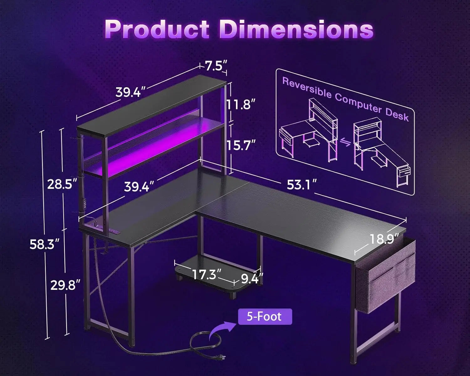 53 Inch L Shaped Desk with LED Lighting Reversible Gaming Desk with Power Outlets Cornor Computer Table with Storage