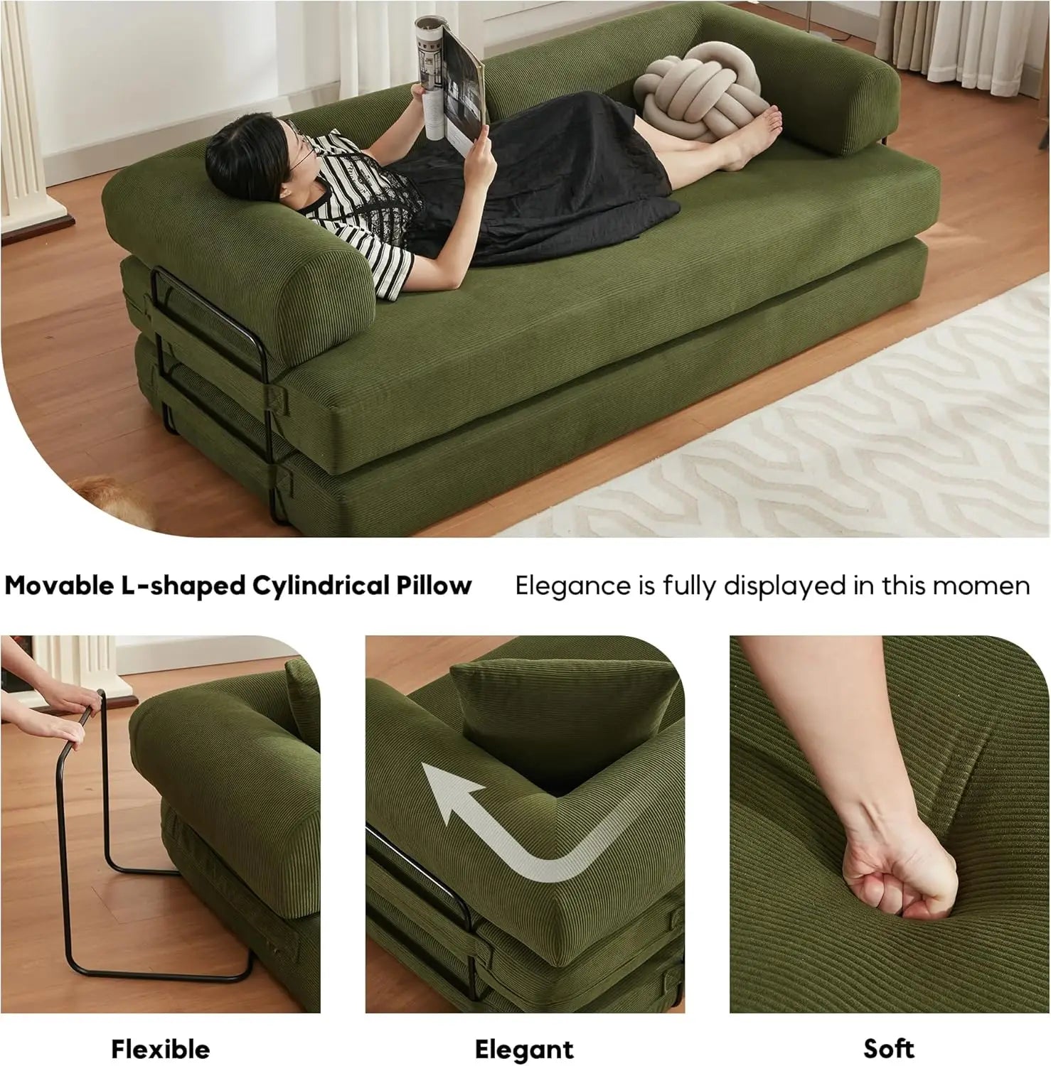 Convertible Sleeper Sofa Bed with Cylindrical Pillow Corduroy Folding Mattress Couch with Fixed-Shape Frame Floor Sofa