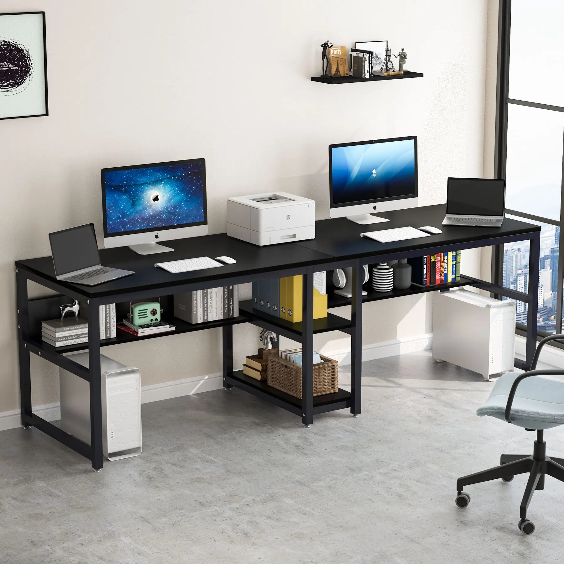 Tribesigns Two Person Desk with Bookshelf 78.7 Computer Office Double Desk for Two Person Rustic Writing Desk