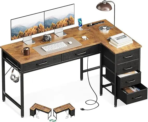 Kids Study Desk: 50 Inch L-Shaped Home Office Desk with 6 Drawers and Power Outlets - Brown / United States