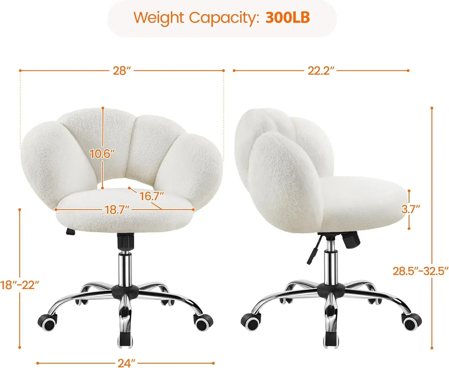 Boucle Upholstered Desk Chair Cloud-Shaped Vanity Adjustable Home Office Chair Computer with Rolling Wheels - United