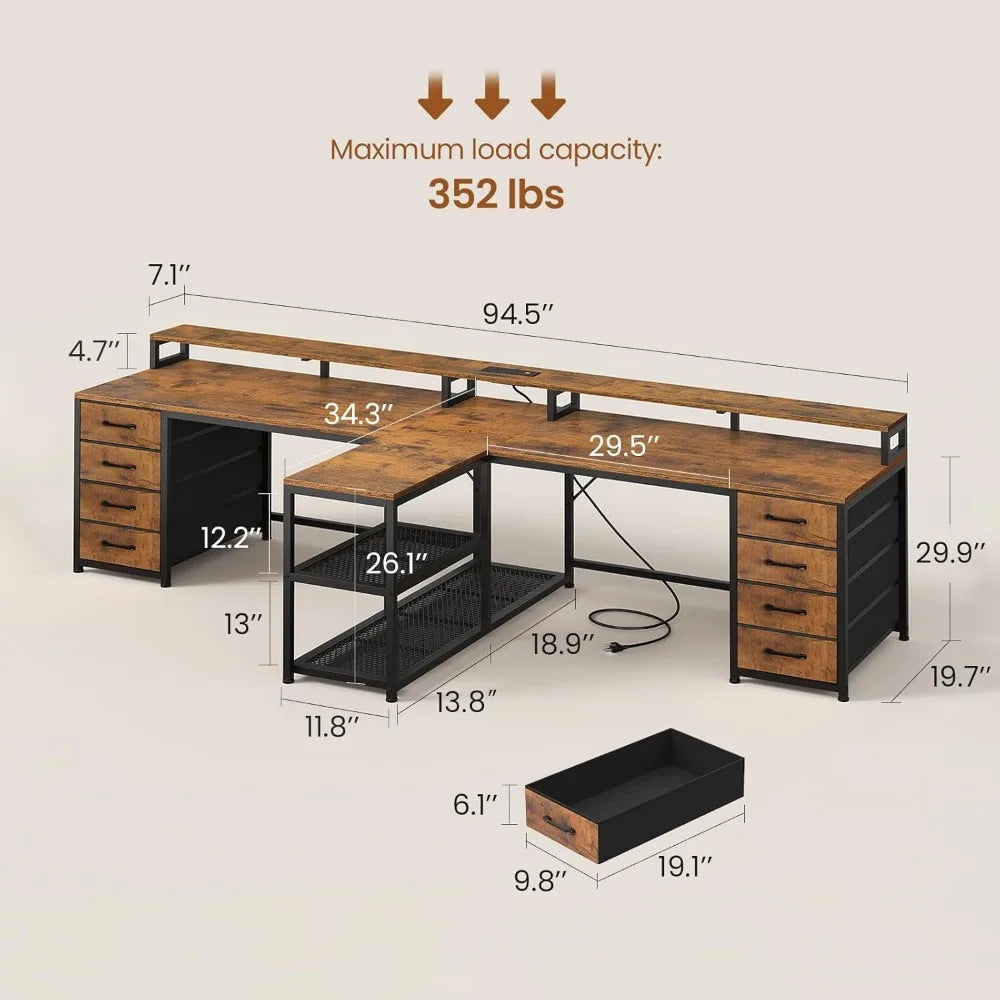 94.5’’ 2 Person Gaming Desk Long Office Computer Desk with 8 Drawers & LED Lights Two Person Desk with Storage Power St