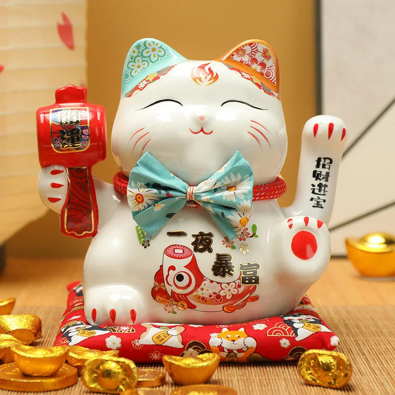 7.5inch Ceramic Beckoning Cat Maneki Neko Ornament Feng Shui Decoration Swing Lucky Cat Cashier Recruitment Cat Desk