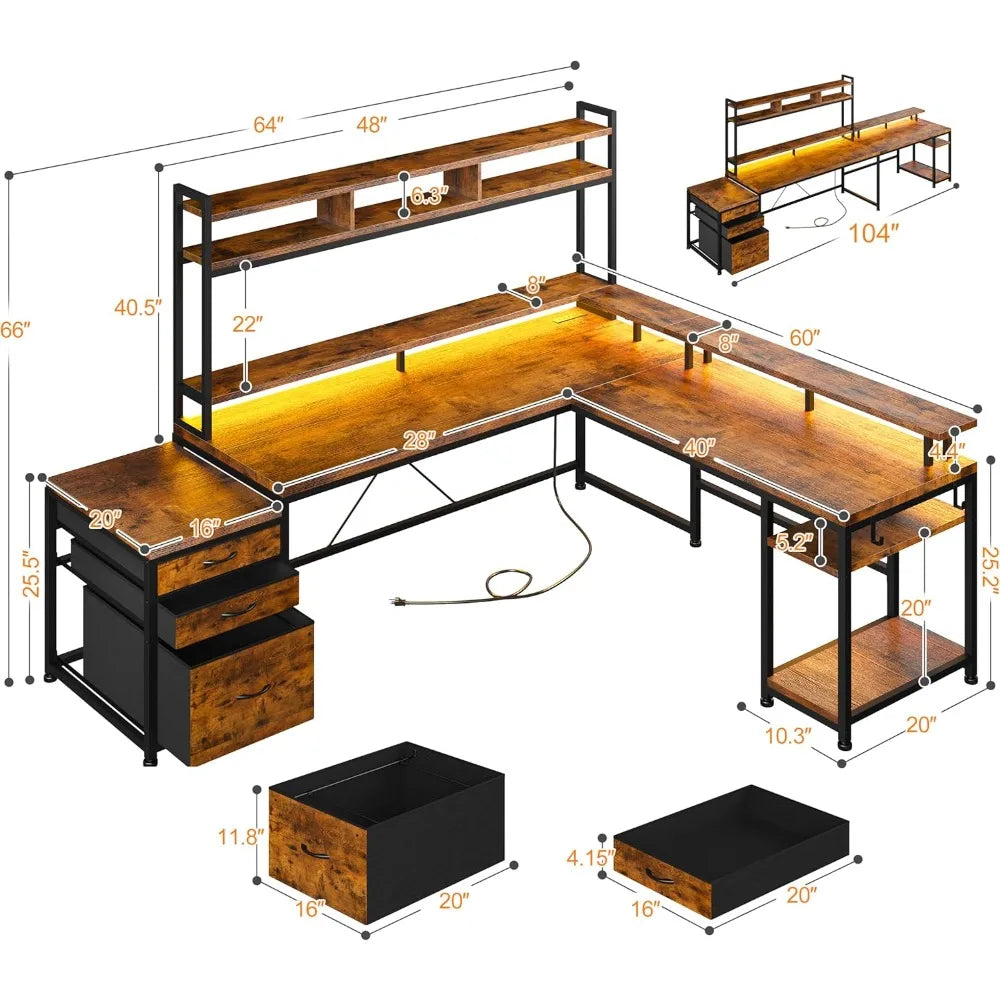 Two-Person L-Shaped Desk with Hutch Monitor Shelf and Storage Drawers