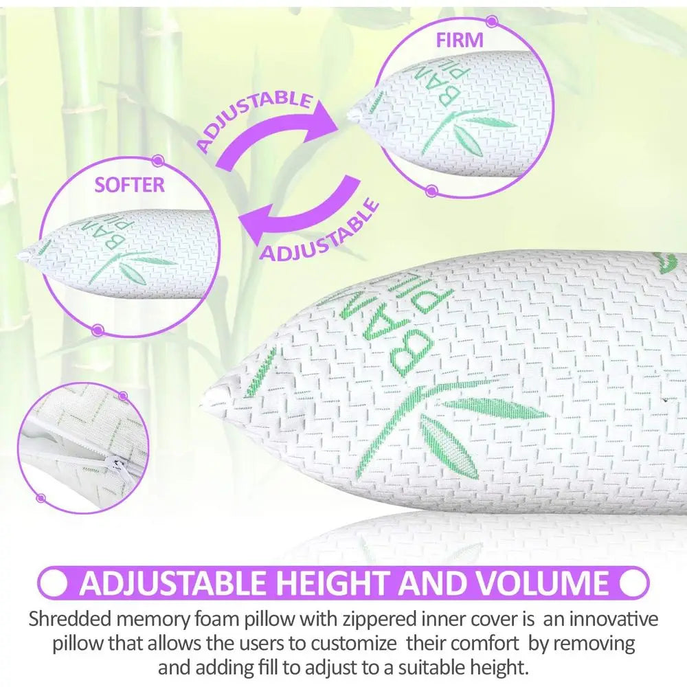 King Size Cooling Memory Foam Pillows Set of 2 – Shredded Foam with Removable Bamboo Rayon Cover for Comfortable Sleep