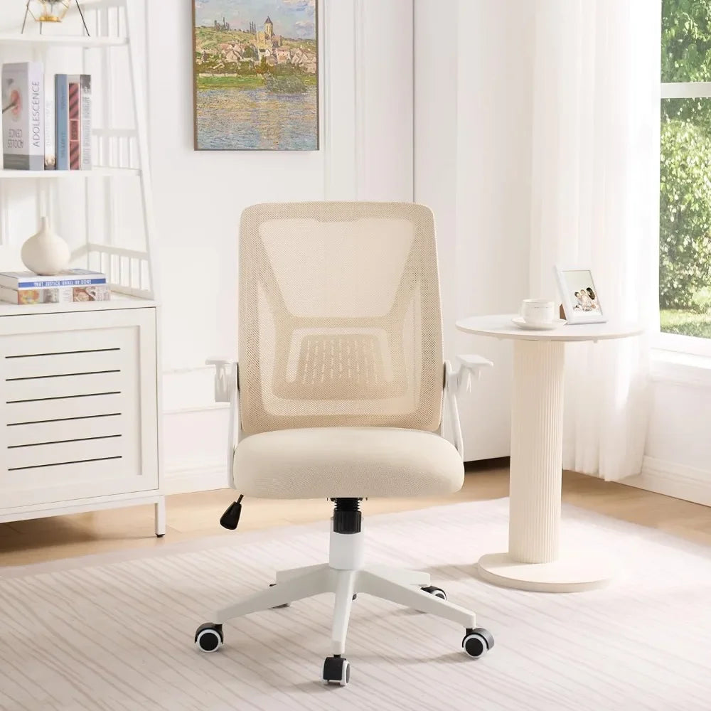 Beige Desk Chair Mid-back Swivel Ergonomic Office Chair With Adjustable Arms Mesh Lumbar Support for Computer Task Work