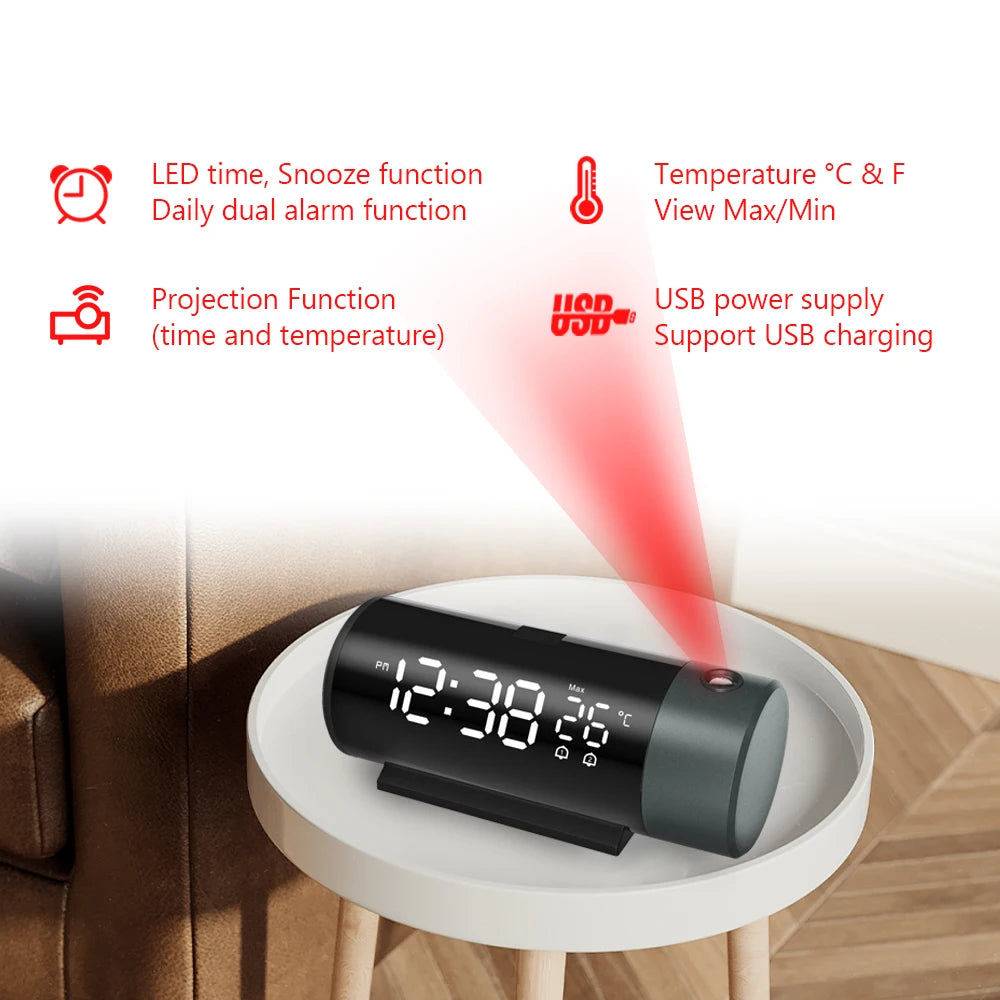 Projection Digital Alarm Clock with 180° Rotatable Projector Clear LED Display4-Level Brightness Dimmer for Bedroom